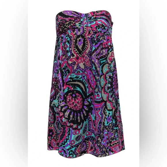 Tibi Silk Multicolored Metallic Bohemian Print Strapless Empire Waist Dress Sz 8 - Picture 1 of 13